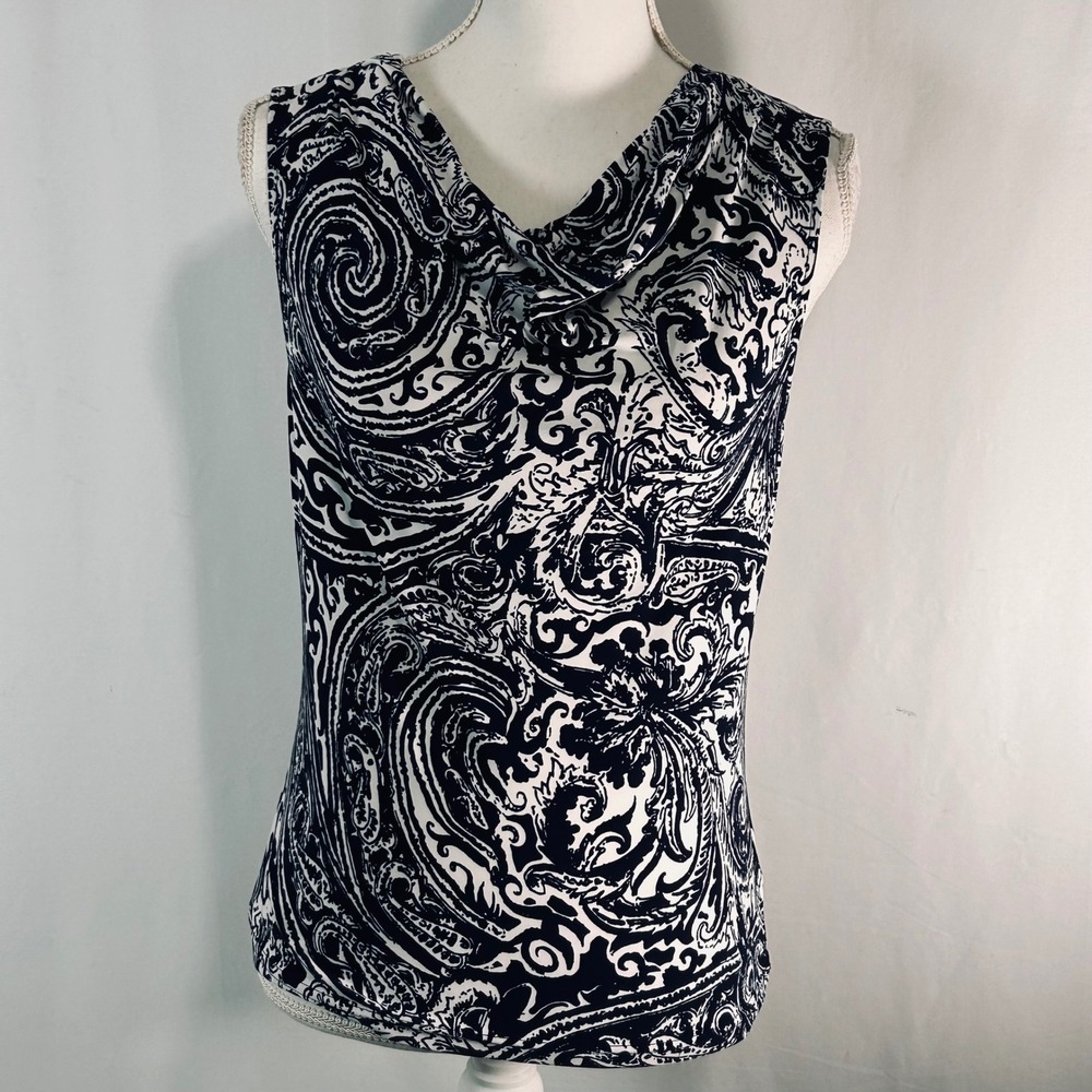 Chaps Womens Petite Medium Navy Blue White Paisley Cowl Neck Sleeveless Blouse M